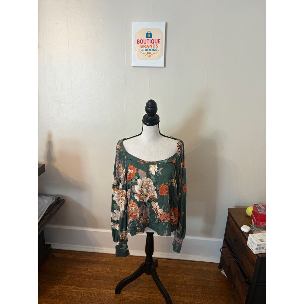 Anthropologie Tiny Green Floral Off-the-Shoulder Boho Blouse | Size Medium